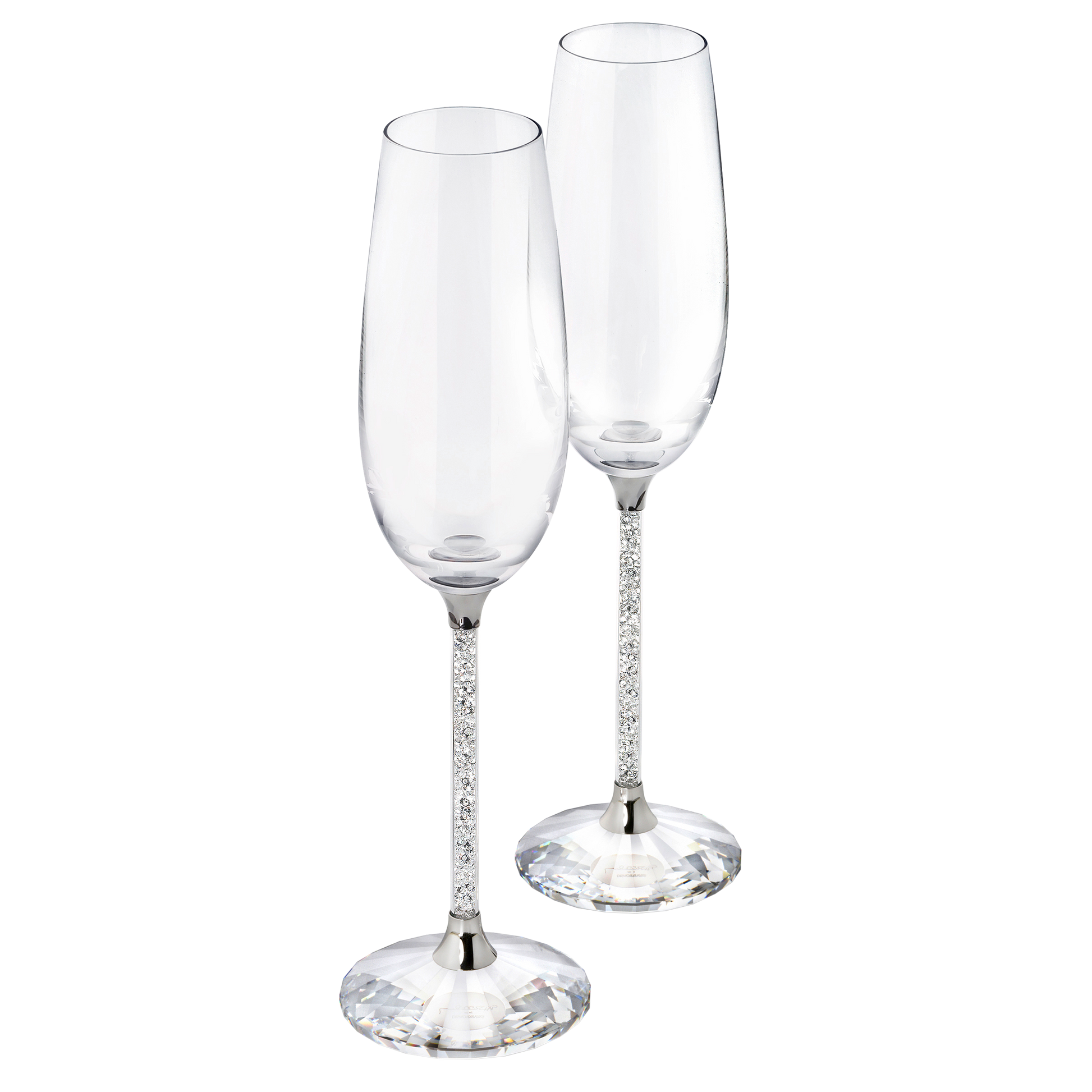 The Swarovski Crystalline Toasting Flutes, a set of two exquisite crystal flutes featuring elegant bases and long, slender stems, stand side by side against a plain background, poised to enhance any special occasion with their sophisticated charm.