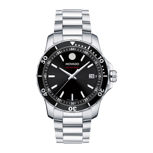 The Movado SE Quartz 41mm Watch is a testament to superior craftsmanship, featuring a silver case and black dial with sleek silver hour markers. The bezel is detailed with minute markings, and the date window is positioned at 3 o'clock. Finished with a Performance Steel metallic bracelet strap, this watch blends style and durability effortlessly.