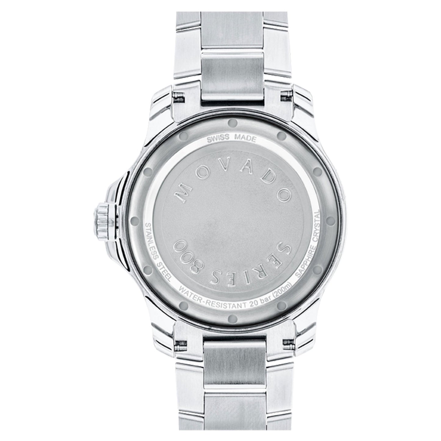 A rear view of the Movado Series 800 Quartz 40mm Watch, featuring a stainless steel wristwatch with a metal bracelet. The watch case is engraved with details like "Movado Series 800" and "Swiss Made," highlighting its performance steel construction, water resistance, and more specifications.