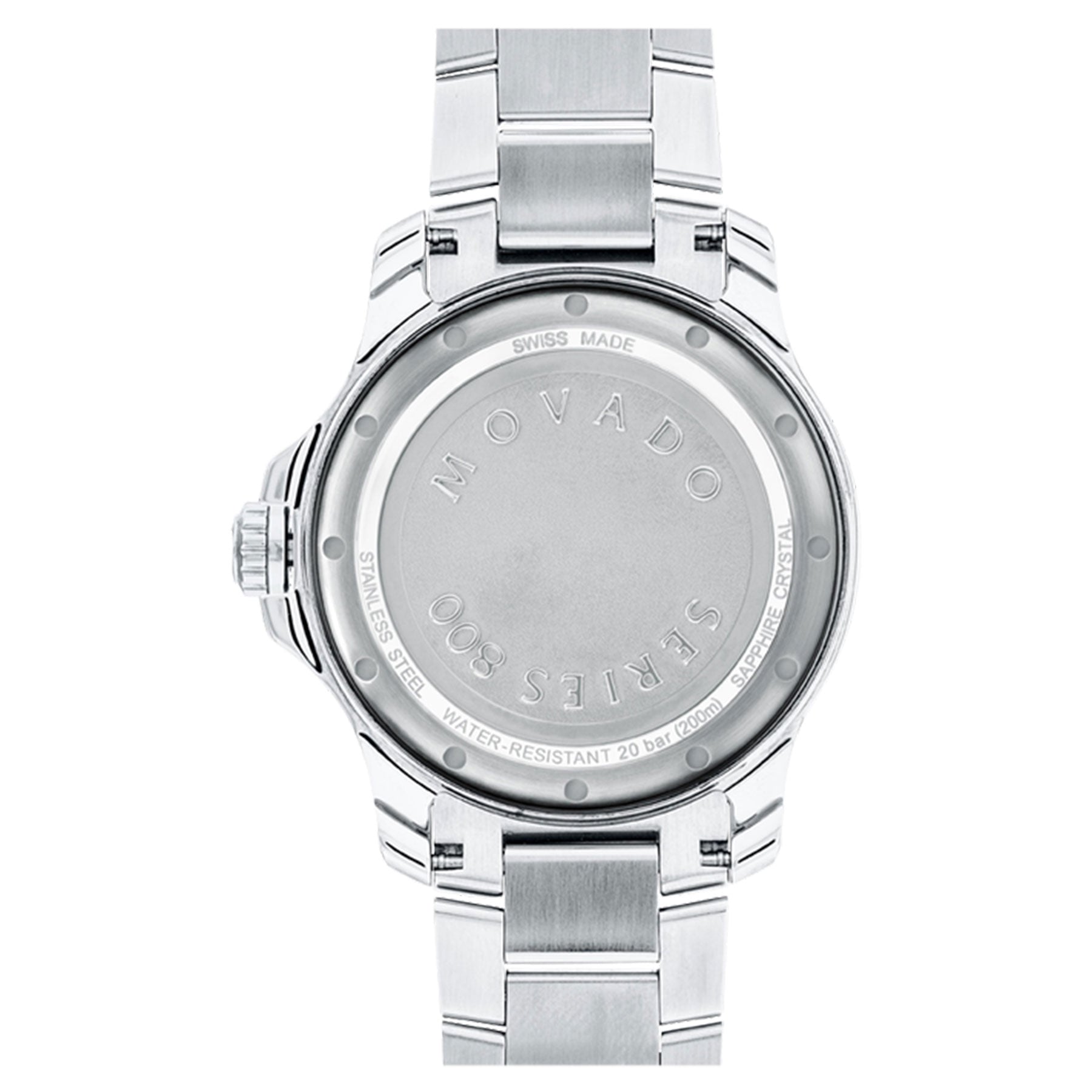 A rear view of the Movado Series 800 Quartz 40mm Watch, featuring a stainless steel wristwatch with a metal bracelet. The watch case is engraved with details like "Movado Series 800" and "Swiss Made," highlighting its performance steel construction, water resistance, and more specifications.