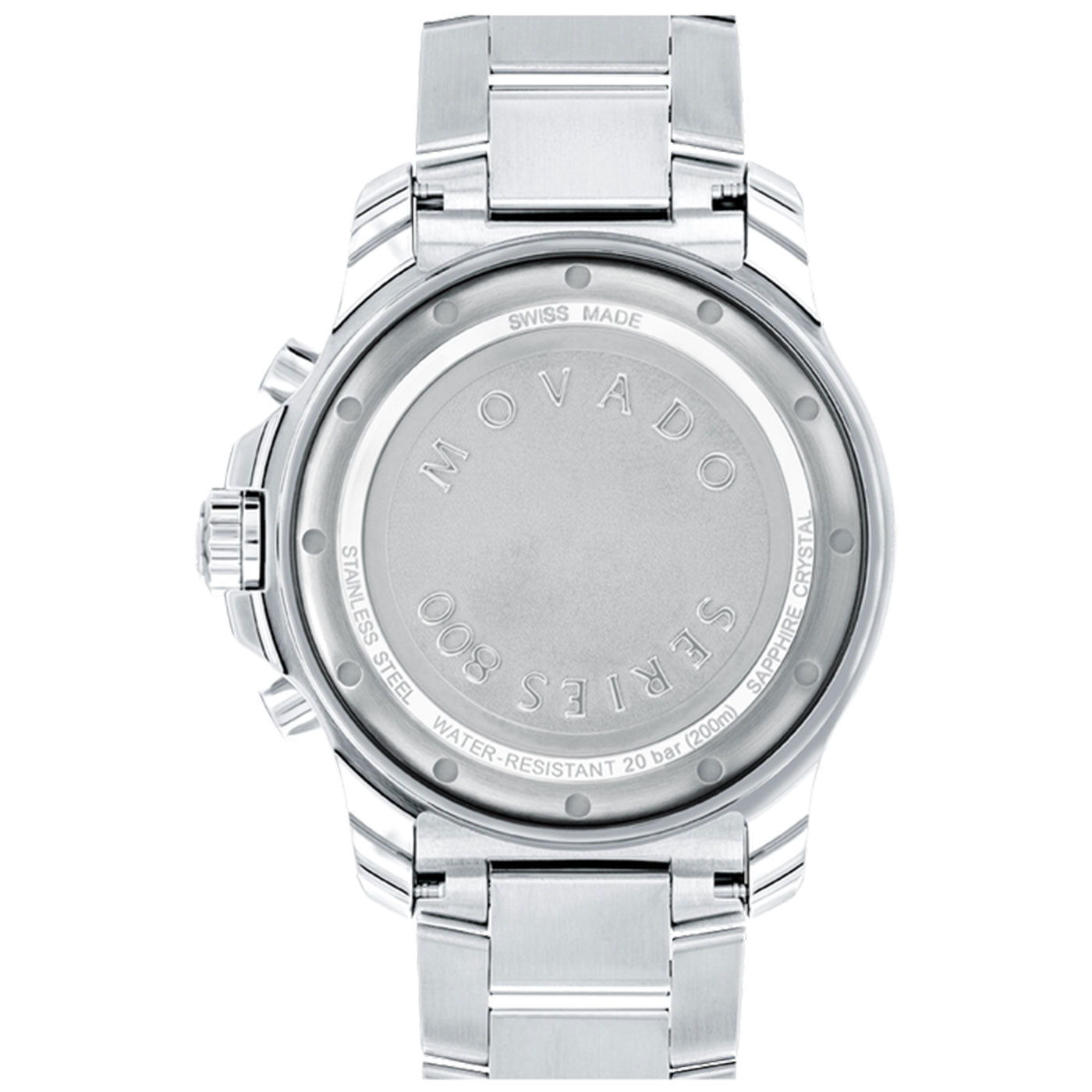 The image showcases the back of a silver Movado Series 800 Quartz 40mm watch, made with Performance Steel. This Swiss-made timepiece features a stainless steel case and bracelet, is water-resistant up to 20 bar, and is intricately engraved with brand and series details.