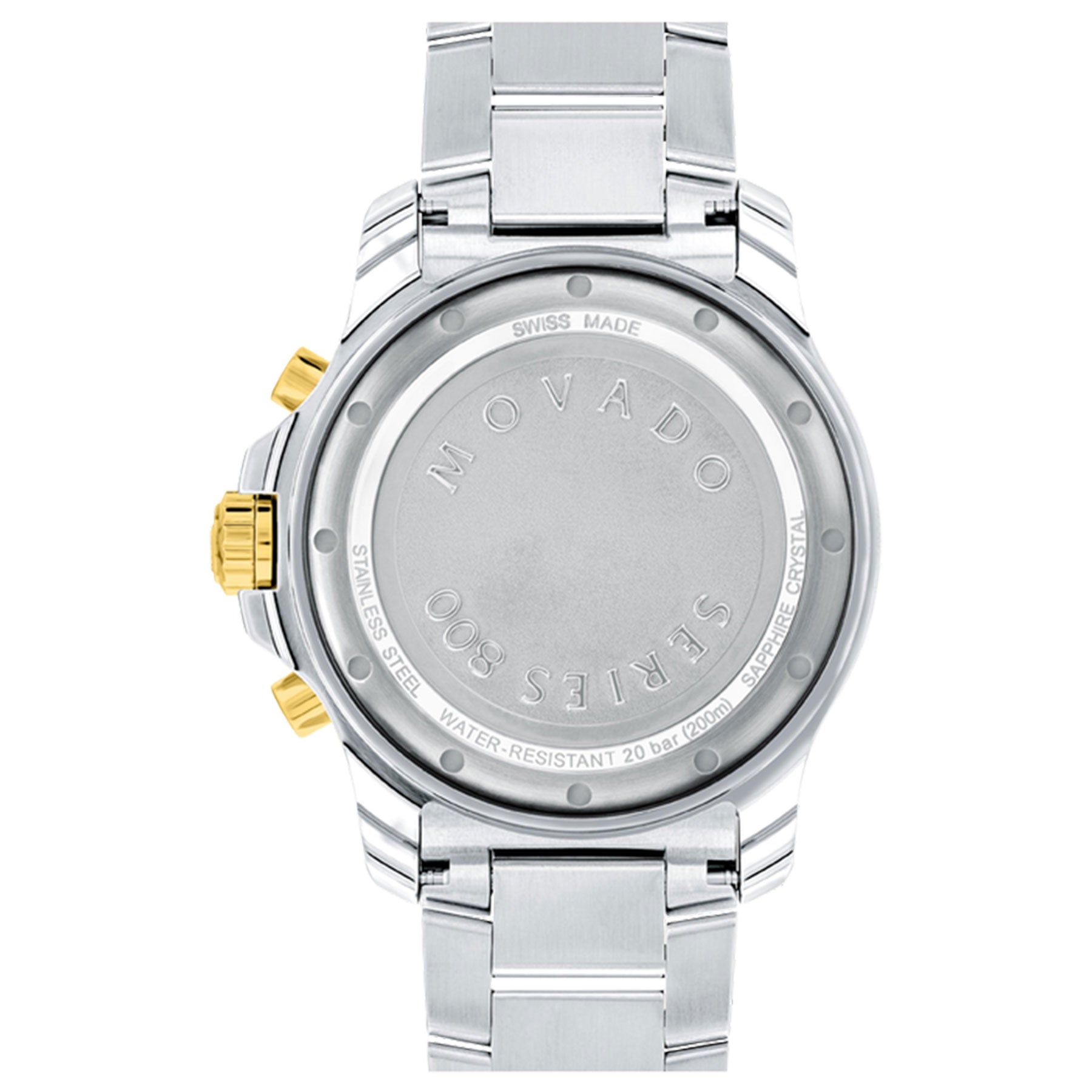 The image showcases the back of a Movado Series 800 Quartz 42mm Watch, highlighting its stainless steel case with gold-toned buttons. The attached metal bracelet enhances its sophisticated design. Furthermore, it is water-resistant up to 20 bar and includes a chronograph dial for extra functionality.