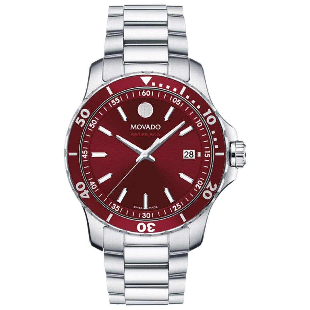 The Movado Series 800 Quartz 40mm Watch features a silver metal band, striking red dial, white hour markers, silver hands, a date window at 3 o'clock, and a bold round bezel with white markings.