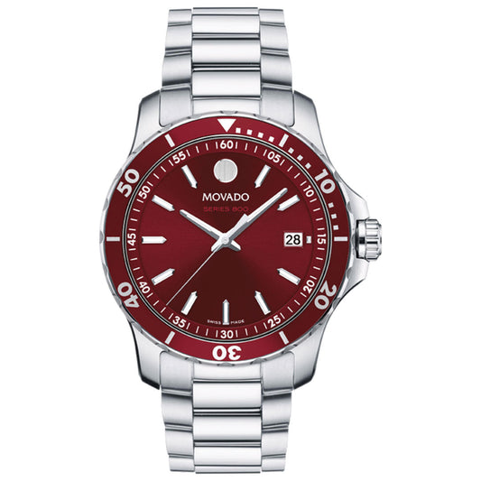 The Movado Series 800 Quartz 40mm Watch features a silver metal band, striking red dial, white hour markers, silver hands, a date window at 3 o'clock, and a bold round bezel with white markings.