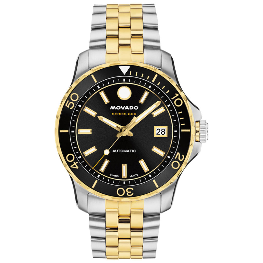 The Movado Series 800 Automatic 40mm Watch by Movado showcases a Swiss-made automatic movement, a striking black dial, a two-tone stainless steel case paired with a gold and silver metal band, a gold bezel, luminous hands and markers, and a date display at the 3 o’clock position. This timepiece also offers water resistance up to 200 meters.