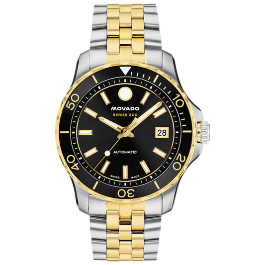 The Movado Series 800 Automatic 40mm Watch by Movado showcases a Swiss-made automatic movement, a striking black dial, a two-tone stainless steel case paired with a gold and silver metal band, a gold bezel, luminous hands and markers, and a date display at the 3 o’clock position. This timepiece also offers water resistance up to 200 meters.