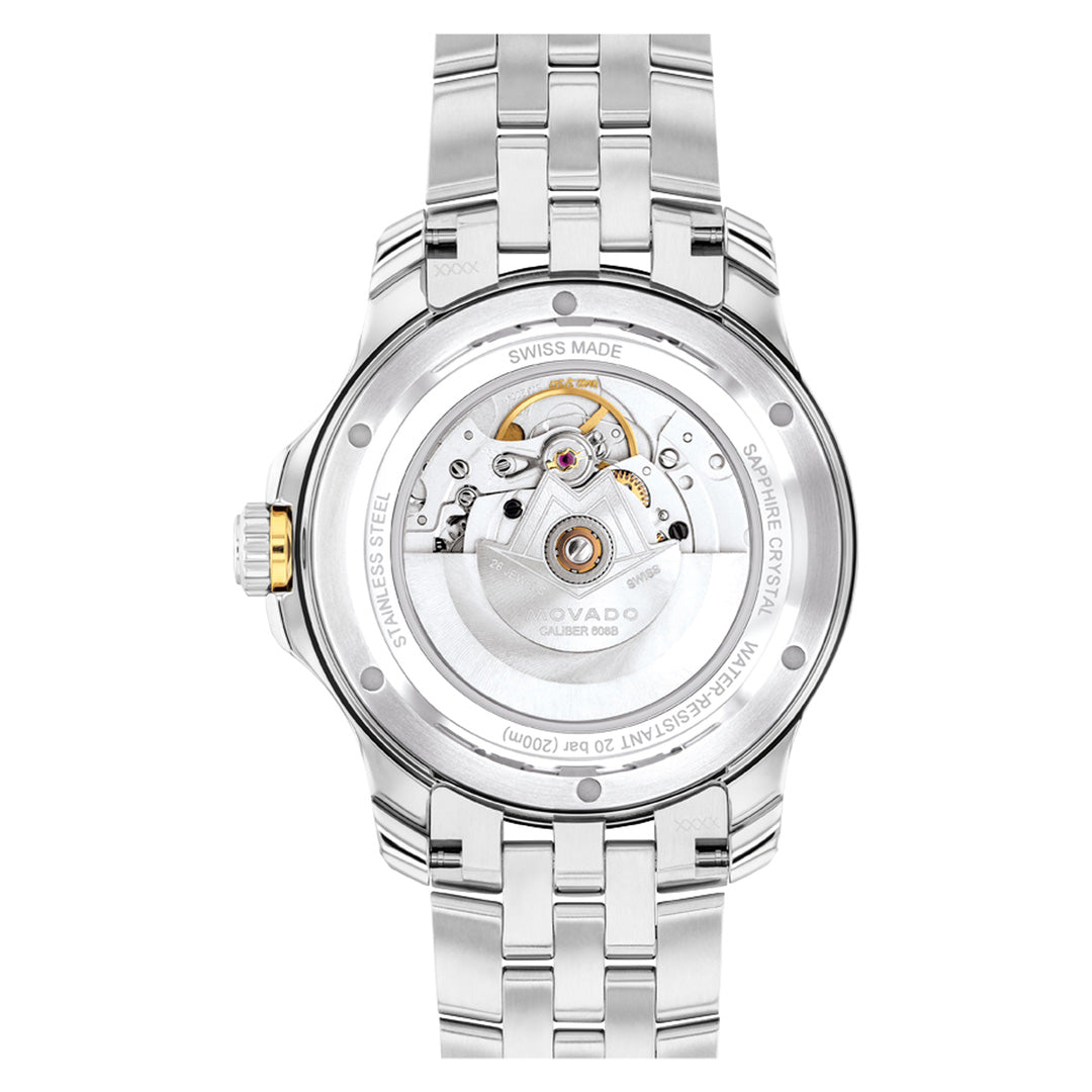 Back view of the Movado Series 800 Automatic 40mm Watch by Movado, a Swiss-made timepiece with a silver stainless steel bracelet, displaying its intricate automatic movement and engraved details through a transparent sapphire crystal case back.