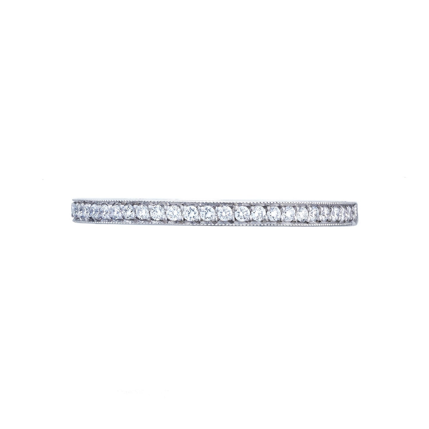 A slender, sophisticated Tacori Sculpted Crescent 18K white gold anniversary ring adorned with shimmering pavé round brilliant diamonds, showcased from the side against a plain white background.