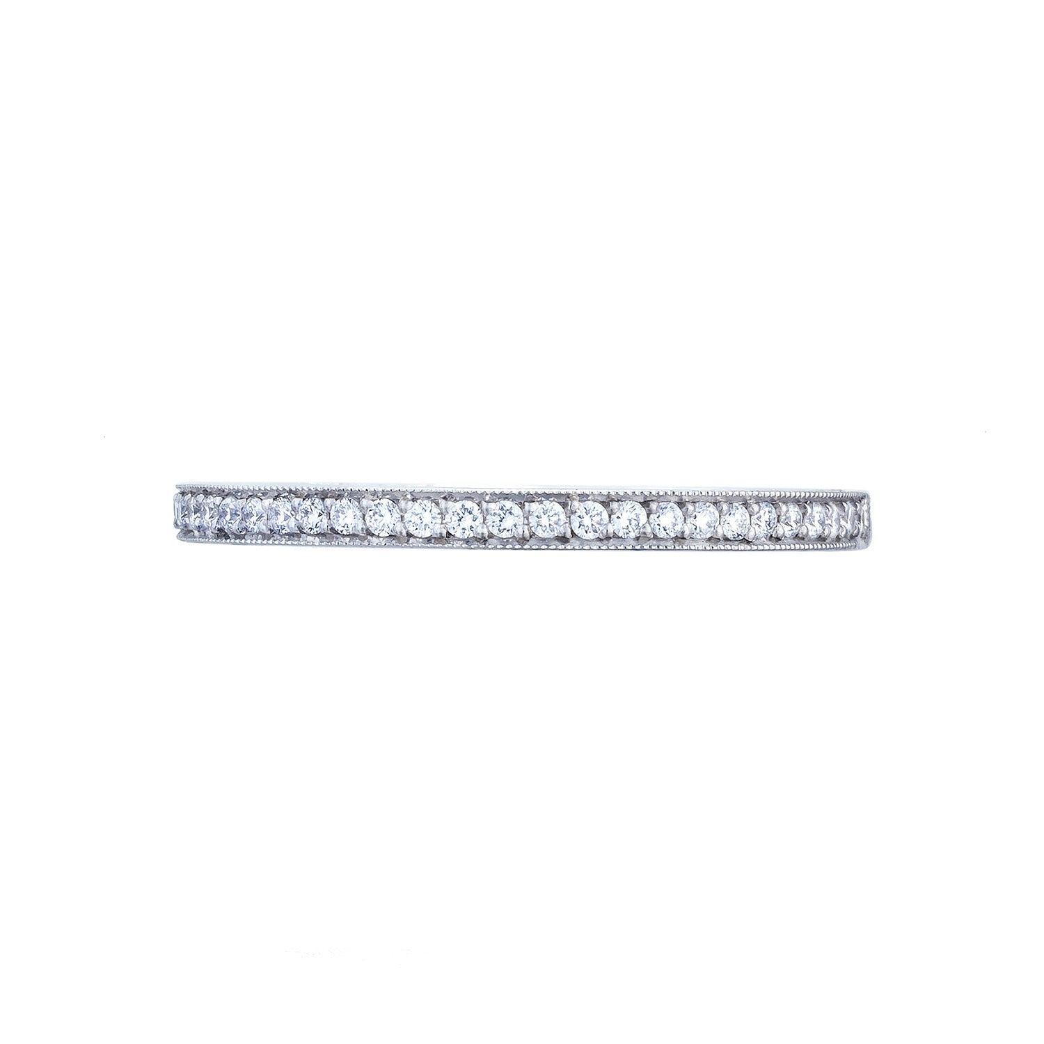 A slender, sophisticated Tacori Sculpted Crescent 18K white gold anniversary ring adorned with shimmering pavé round brilliant diamonds, showcased from the side against a plain white background.