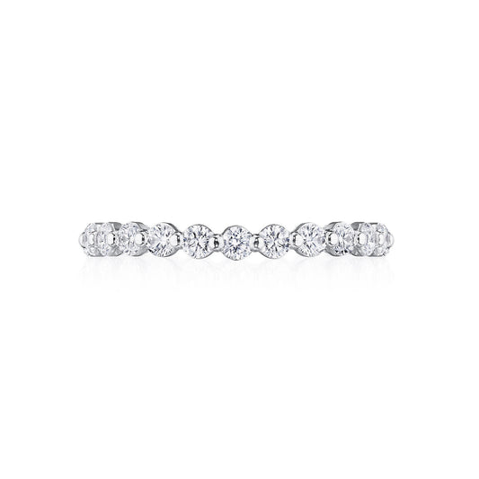 The Tacori Sculpted Crescent 18K White Gold Two-Prong Round Brilliant Diamond Eternity Ring features a timeless design with round brilliant diamonds set closely together for a seamless and elegant look. The diamonds shine brilliantly against the white gold band, making it a luxurious choice for engagement rings.