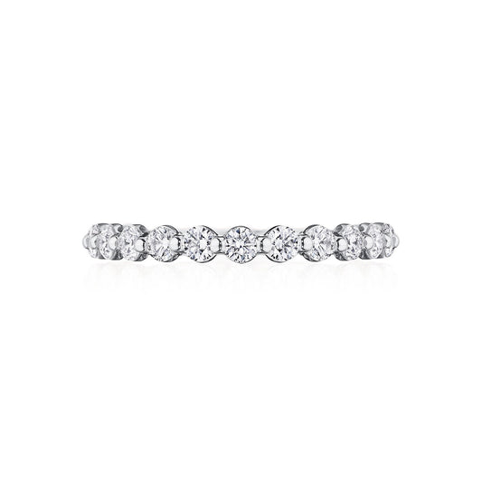 A graceful Tacori Sculpted Crescent 18K White Gold Anniversary Ring, featuring a continuous row of small, round brilliant diamonds set in a slender band, embodies elegance and simplicity perfect for engagement rings.
