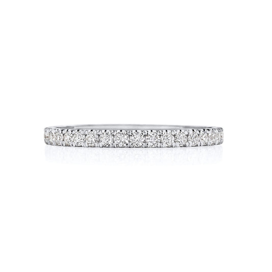 Displayed against a plain white background, the Tacori Sculpted Crescent Platinum Round Brilliant Diamond Anniversary Ring by Tacori features an elegant design, crafted from premium platinum and encrusted with small, round diamonds that are evenly spaced around its surface, beautifully highlighting their brilliance.