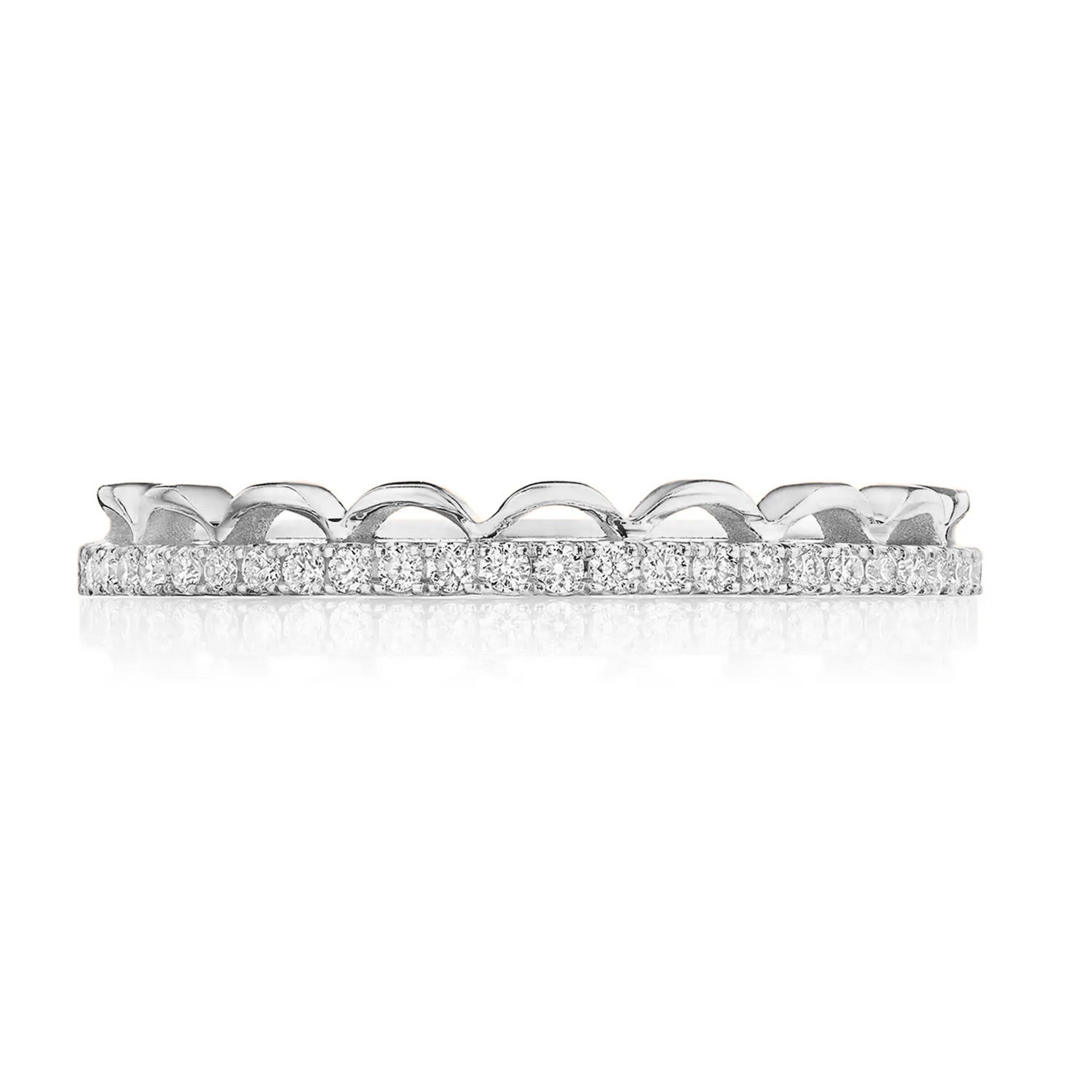 A sophisticated Tacori Crescent Crown anniversary ring in 18K white gold, showcasing a row of small, brilliant round diamonds adorning its circumference. The Sculpted Crescent detailing on the top edge lends a lace-like appearance, akin to a diadem wedding band, set against a plain white backdrop.