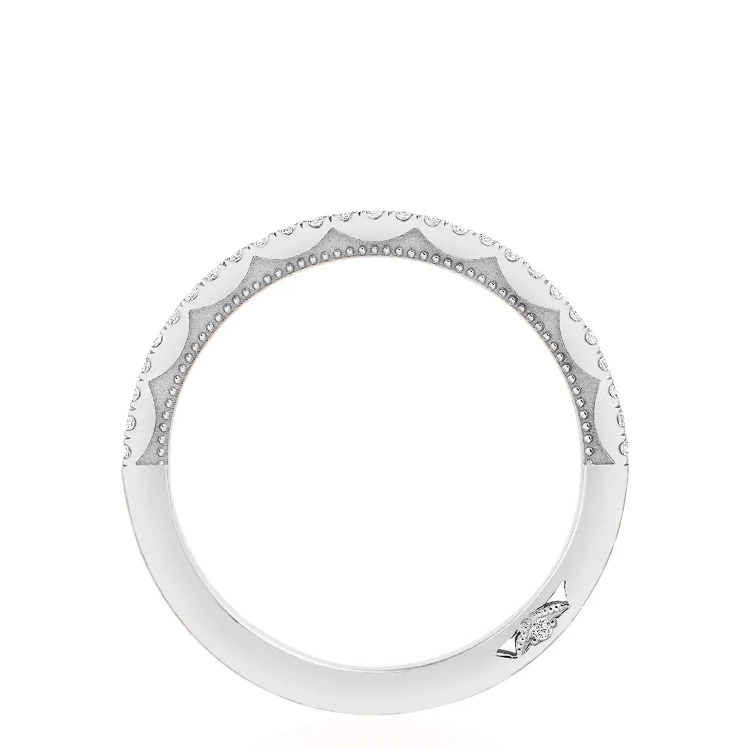 A Tacori Crescent Crown 18K White Gold Round Brilliant Diamond Anniversary Ring, showcasing a silver, diamond-studded circular design similar to a diadem wedding band, is beautifully set against a plain white background. The ring features intricate detailing by TACORI gemologists with a Sculpted Crescent pattern on one side.