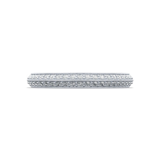 A rectangular, silver brooch reminiscent of exquisite Tacori designs, features sparkling white diamonds arranged in a row. The meticulous craftsmanship, similar to the Tacori Sculpted Crescent Knife Edge 18K White Gold Round Brilliant Diamond Anniversary Ring, is set against a plain white background and highlights the gems' brilliance with its intricate edges.