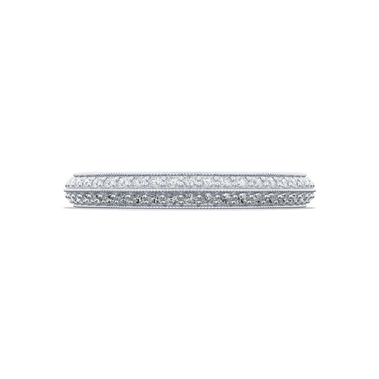 The breathtaking Tacori Sculpted Crescent 18K White Gold Round Brilliant Diamond Eternity Ring boasts an 18K white gold band adorned with a double row of small, sparkling diamonds encircling its entirety. Its elegant and intricate design, combined with detailed edges, enhances its timeless allure.