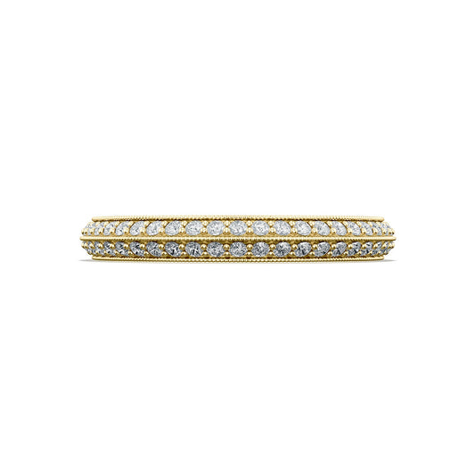 A Tacori Sculpted Crescent 18K Yellow Gold Round Brilliant Diamond Eternity Ring, adorned with a row of sparkling diamonds set amidst intricate gold detailing, gleams from the side against a white background.