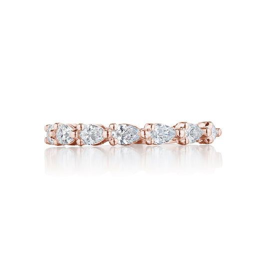 The Tacori Pear Foundation 18K Rose Gold Pear Diamond Anniversary Ring beautifully showcases a series of pear-shaped diamonds, each held apart by fine metal prongs, capturing the elegance of a sculpted crescent. Placed on a white background, its subtle reflection enhances its captivating charm.