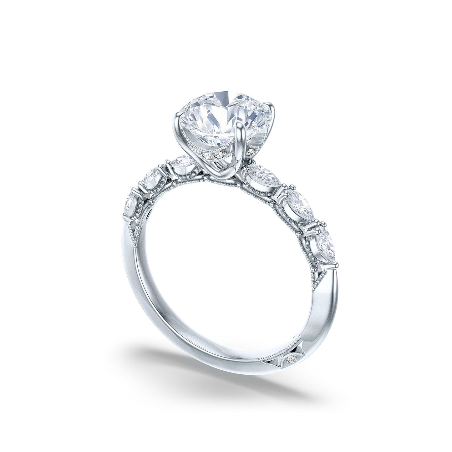 The Tacori Sculpted Crescent 18K White Gold Round Brilliant Solitaire Semi Mount Engagement Ring with Diamond Band, crafted by Tacori gemologists, showcases a large round diamond at its center with smaller diamonds embedded along the band. The piece is elegantly displayed on a plain white background.