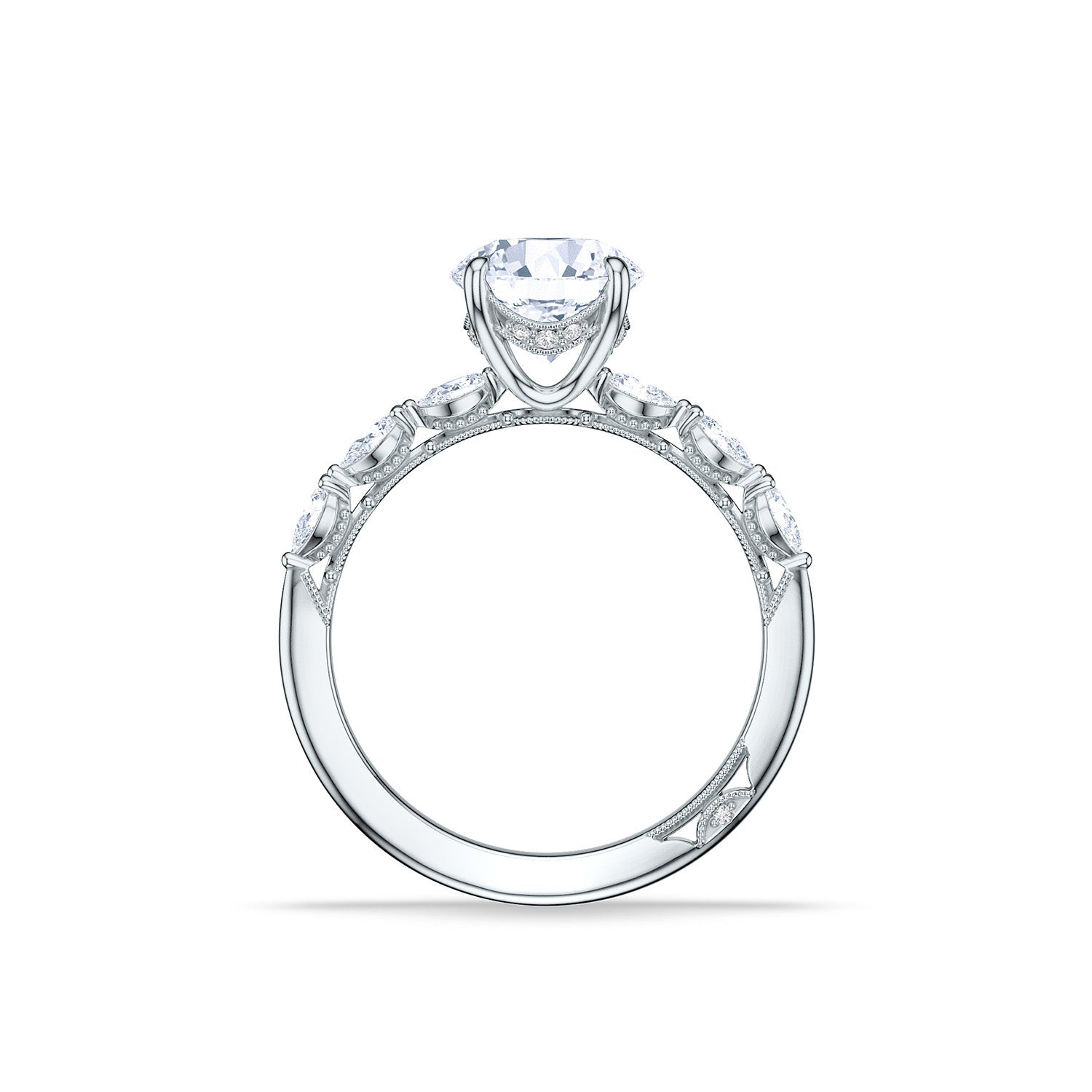A Tacori Sculpted Crescent 18K White Gold Round Brilliant Solitaire Semi Mount Engagement Ring with Diamond Band showcases a large round diamond centerpiece, accompanied by smaller diamonds along the band. Crafted by TACORI gemologists, this ring features intricate detailing and a polished finish, set against a plain white background.