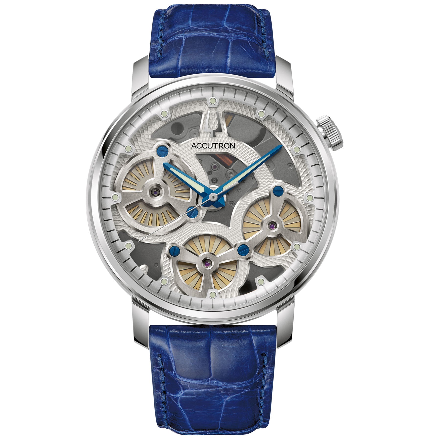 The Accutron Spaceview Evolution Electrostatic 43.5mm Watch boasts a transparent face that unveils its intricate gears and blue hands. A blue alligator leather strap complements this luxurious timepiece, merging traditional craftsmanship with contemporary design while highlighting its state-of-the-art electrostatic movement technology.