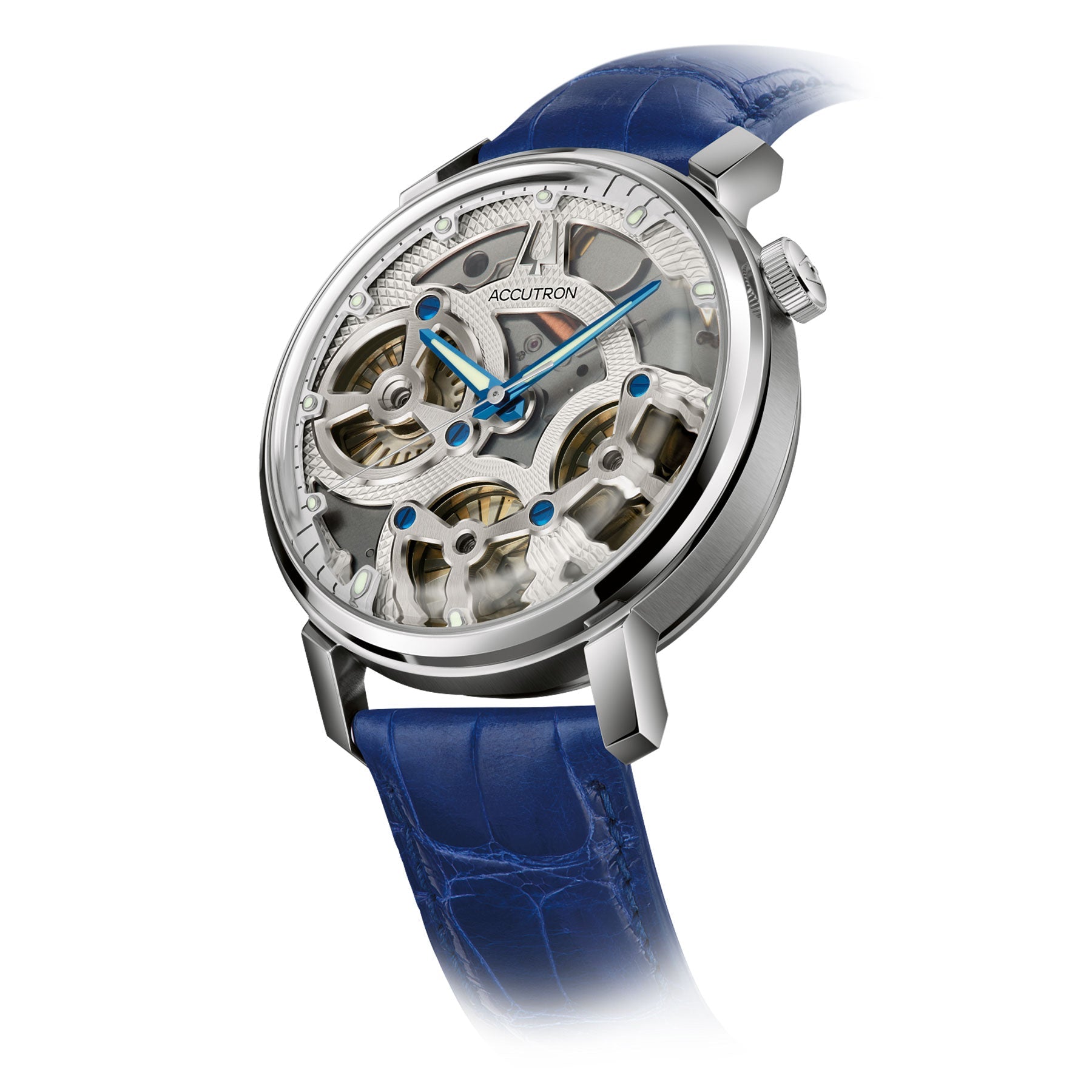 A close-up of the Accutron Spaceview Evolution Electrostatic 43.5mm Watch showcases its luxurious design, featuring a silver case and a blue leather strap. The watch highlights electrostatic movement with intricate mechanical gears and blue accents, while the brand "Accutron" is prominently visible on the transparent dial.