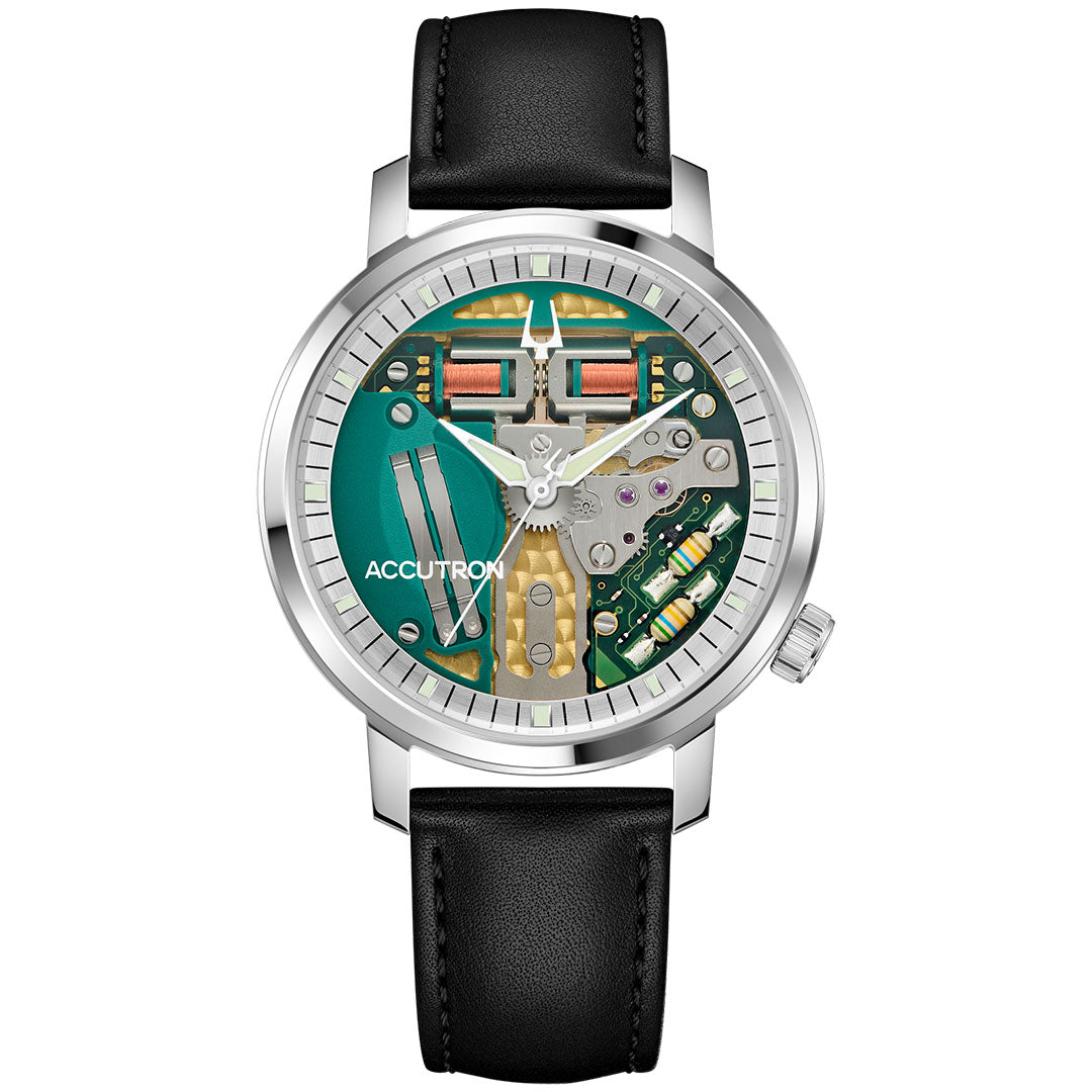 The Accutron Spaceview 314 Tuning Fork Quartz 39mm Watch features a black leather strap, silver case, transparent dial revealing green and gold mechanisms with tuning fork technology, and displays the "Accutron" brand on the left.