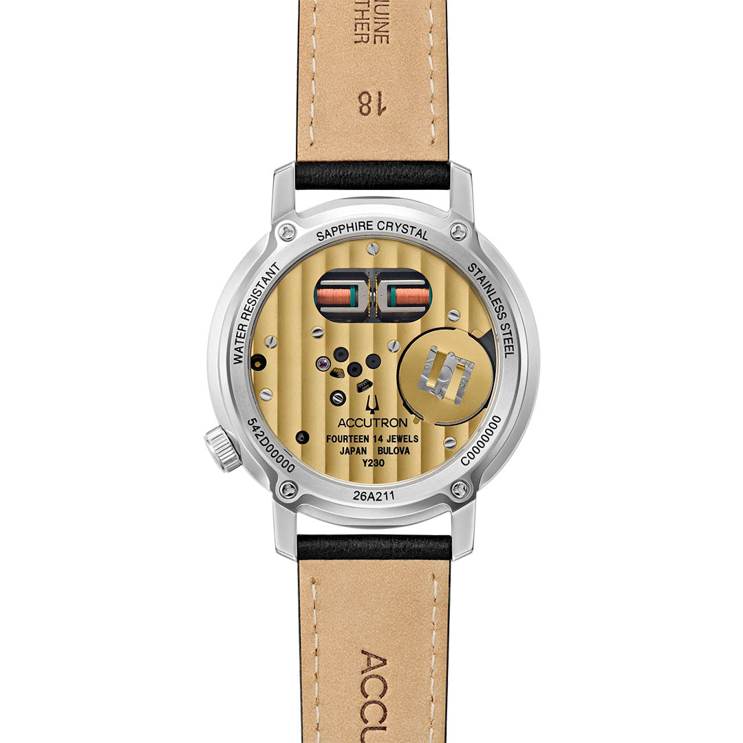 The Accutron Spaceview 314 Tuning Fork Quartz 39mm Watch by Accutron features a transparent case with sapphire crystal, showcasing its intricate inner mechanism; the leather strap is stamped "GENUINE LEATHER" and "ACCUTRON.