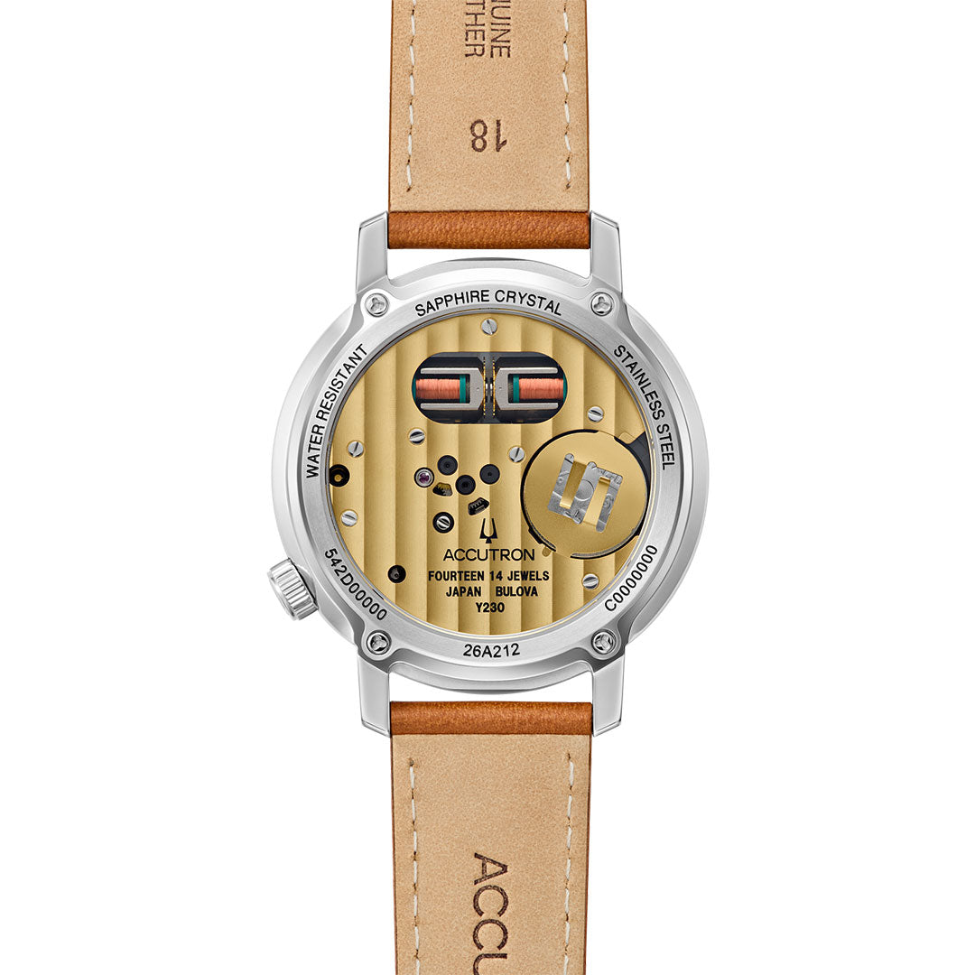 A close-up of the Accutron Spaceview 314 Tuning Fork Quartz 39mm Watch by Accutron features its tuning fork tech through a transparent case back, showcasing metal components, screws, engraved text, and a tan leather strap.