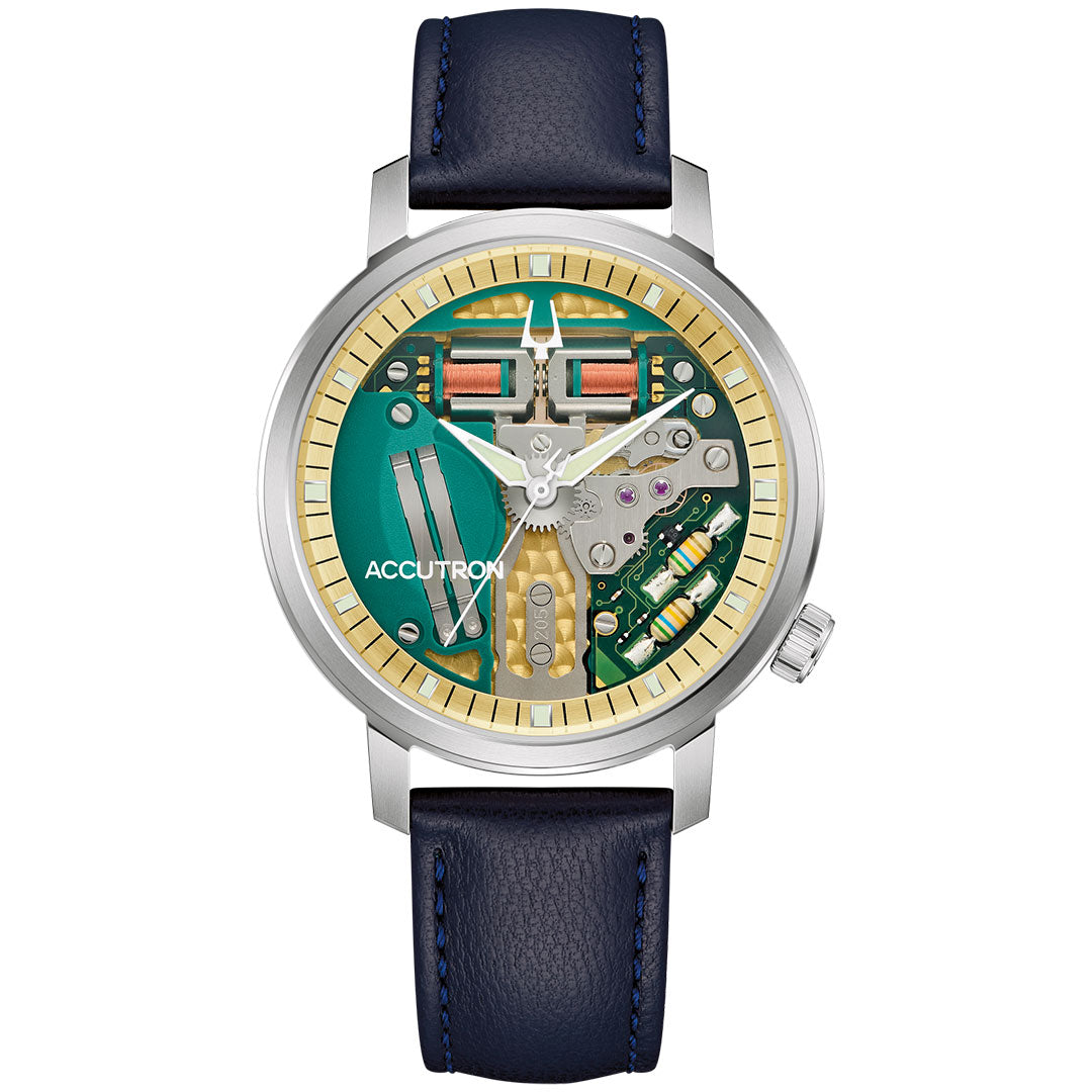 The Accutron Spaceview 314 Tuning Fork Quartz 39mm Watch by Accutron features a navy leather strap, transparent dial revealing internal gears, gold-toned outer rim, and showcases tuning fork technology on the face labeled "Accutron.