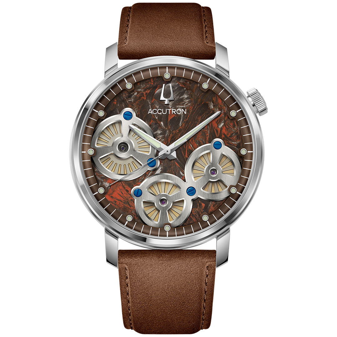 The Accutron Spaceview Evolution Electrostatic 43.5mm Watch features a brown leather strap, silver case, exposed dial with gold gears and blue accents on marbled brown, electrostatic movement, plus silver hands and markers.