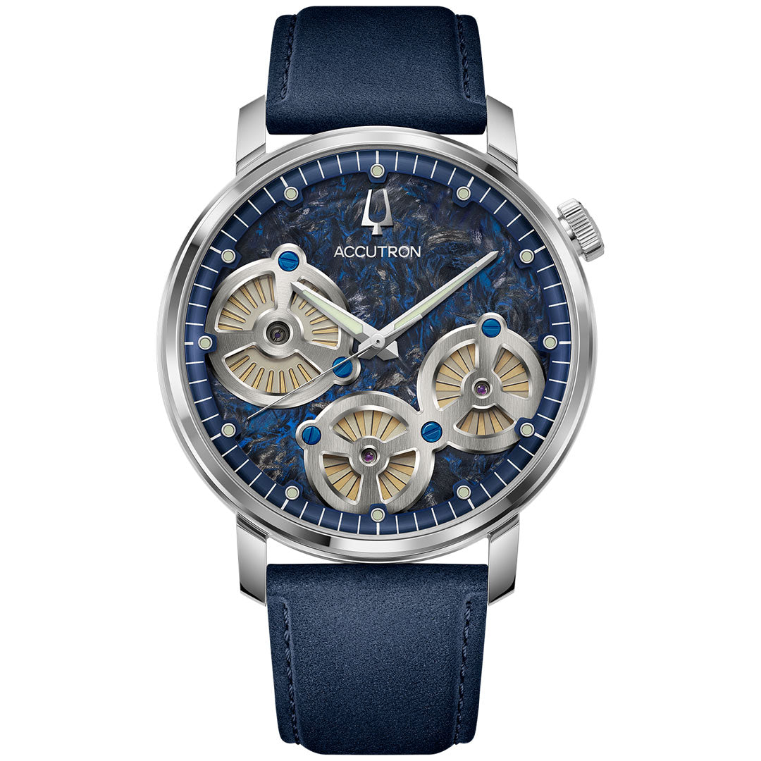 The Accutron Spaceview Evolution Electrostatic 43.5mm Watch by Accutron features a blue marbled face, forged carbon dial with visible gold gears, silver case, and blue leather strap—blending intricate mechanics with minimalist design.