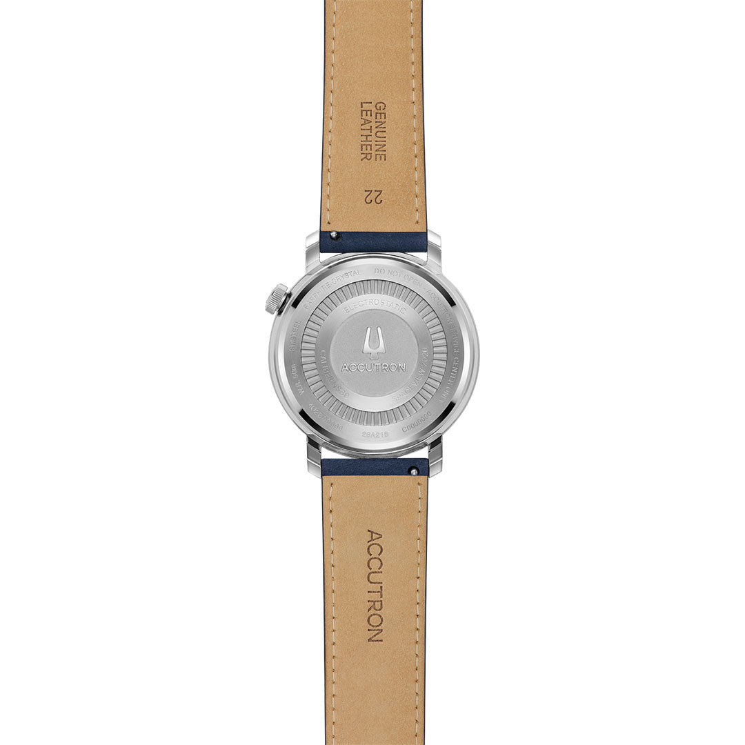 Back view of the Accutron Spaceview Evolution Electrostatic 43.5mm Watch by Accutron, featuring a silver round case with engraved details and tan straps marked "GENUINE LEATHER" and "ACCUTRON." Showcases innovative electrostatic movement.