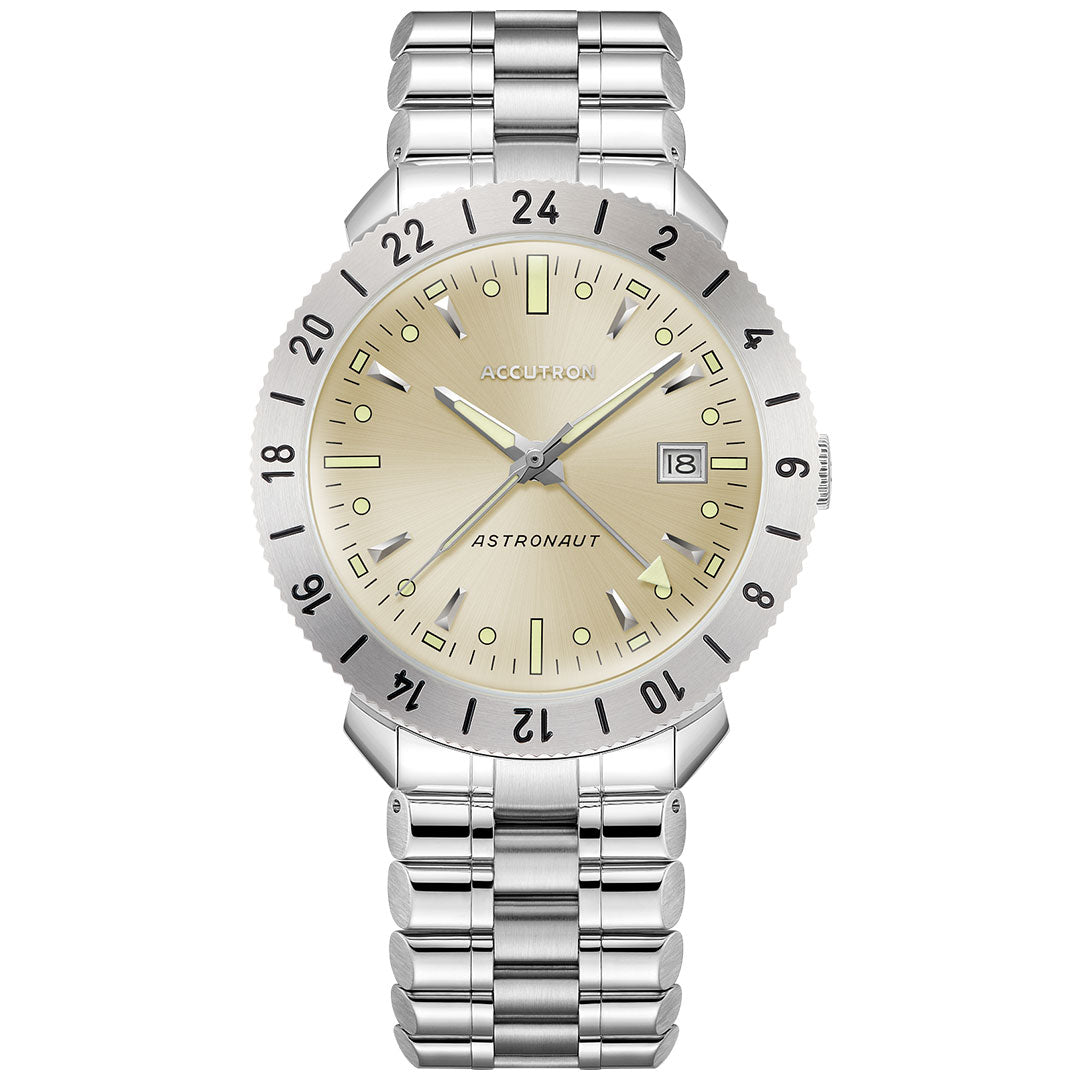 The Accutron Astronaut LTi Automatic 41mm Watch features a silver case, gold-tone dial, black hour markers, 24-hour bezel, date window at 3 o’clock, and metal bracelet—an elegant titanium GMT timepiece by Accutron for collectors.