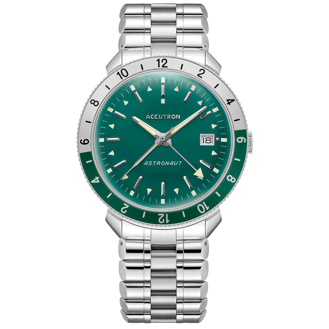 The Accutron Astronaut Automatic 41mm Watch features a silver case, green dial and bezel, silver markers and hands, date at 3 o'clock, and a stainless steel bracelet—a standout GMT automatic by Accutron for any collection.