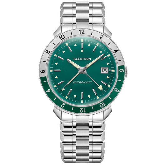 The Accutron Astronaut Automatic 41mm Watch features a silver case, green dial and bezel, silver markers and hands, date at 3 o'clock, and a stainless steel bracelet—a standout GMT automatic by Accutron for any collection.