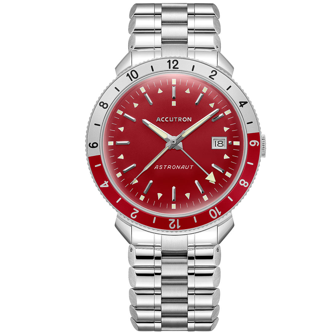 The Accutron Astronaut Automatic 41mm Watch by Accutron features a bold red dial, silver hour markers and hands, a date window at 3 o'clock, a red and silver bezel, and a sleek silver metal link bracelet.