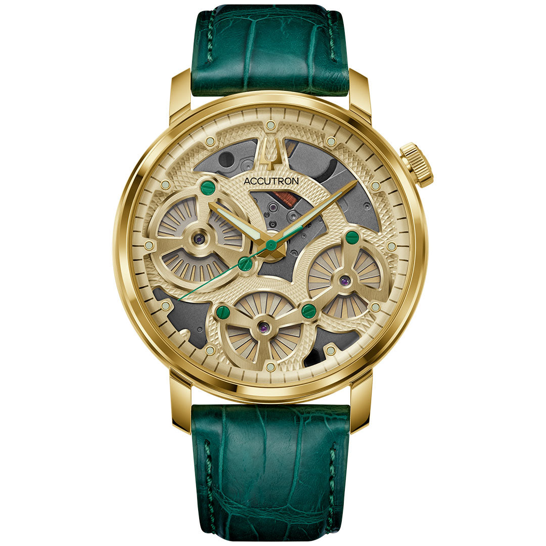 The Accutron Spaceview Evolution x La Palina Goldie Electrostatic 43.5mm Watch features a round gold case, skeleton dial with visible gears, green accents, and a green alligator leather strap—showcasing Accutron's signature electrostatic movement.
