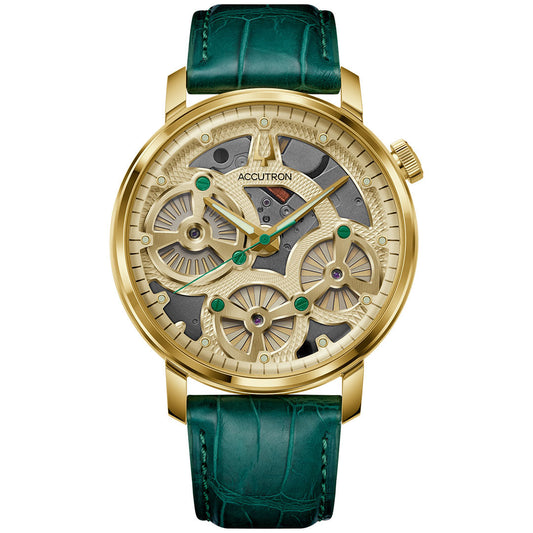 The Accutron Spaceview Evolution x La Palina Goldie Electrostatic 43.5mm Watch features a round gold case, skeleton dial with visible gears, green accents, and a green alligator leather strap—showcasing Accutron's signature electrostatic movement.