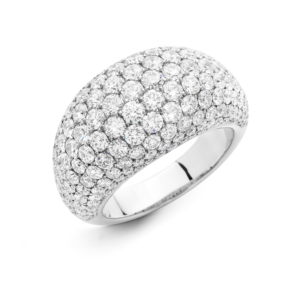 The Hulchi Belluni Single Collection 18K white gold ring features multiple rows of round brilliant diamonds totaling 4.80 ctw in a pavé setting, creating a stunning effect across the entire band and shown on a white background.