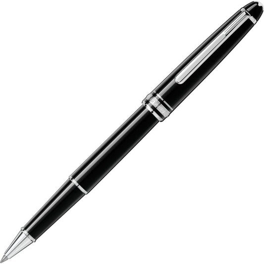 A Montblanc Meisterstuck Classique Rollerball Pen, featuring a sleek black body with silver accents and a glossy finish, is elegantly designed with a shiny metal clip, pointed nib, and decorative silver bands near the cap. This luxury pen is positioned diagonally on a white background.