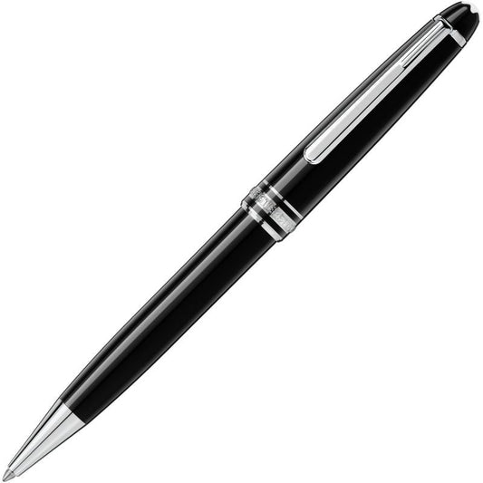 The Montblanc Meisterstuck Classique ballpoint pen by Montblanc is a sleek, black luxury writing instrument adorned with silver accents, a platinum-coated clip, and a sophisticated tapered design.