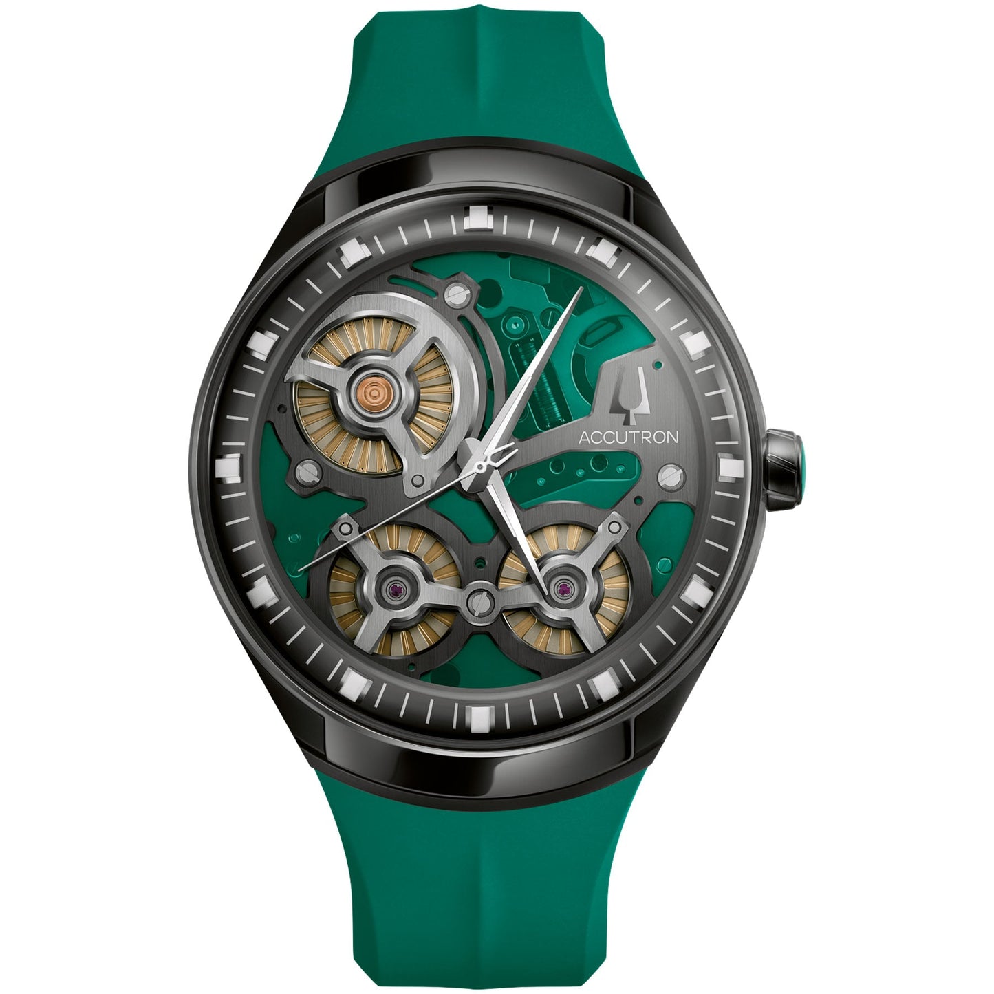 Explore the Accutron DNA Casino Electrostatic 45.1mm Watch, a luxury men's timepiece by Accutron that features a groundbreaking electrostatic energy movement. This modern watch is adorned with a green strap and showcases an exposed intricate mechanical design, with visible gears beneath a transparent dial. Silver markers and hands add the final touch to this sophisticated wristwatch.