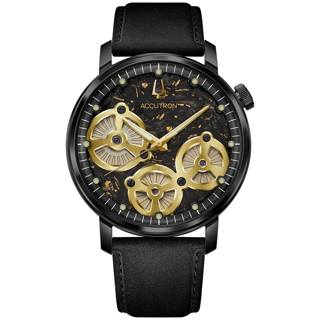 The Accutron Spaceview Evolution Electrostatic 43.5mm Watch by Accutron features exposed gears, a forged carbon dial, black strap and bezel, gold accents, and a striking mechanical design with innovative electrostatic movement.