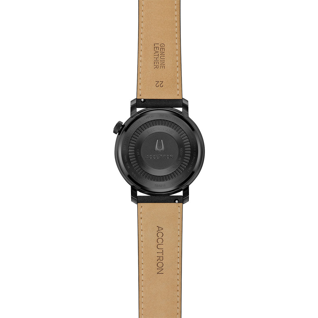 Back view of the Accutron Spaceview Evolution Electrostatic 43.5mm Watch by Accutron, featuring a round black case, tan embossed genuine leather straps, branded case back, and advanced electrostatic movement technology.