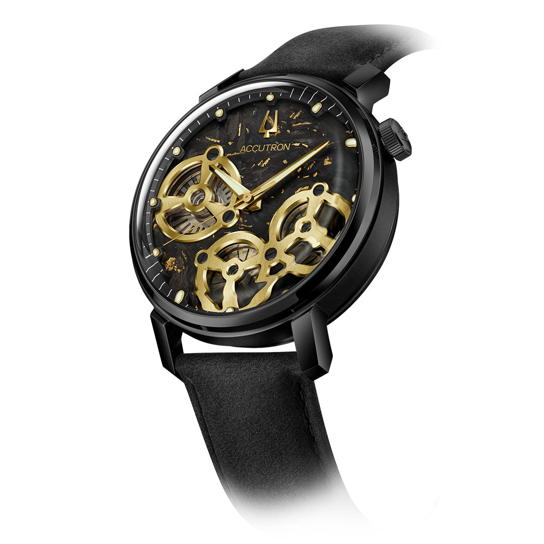 The Accutron Spaceview Evolution Electrostatic 43.5mm Watch by Accutron features a black strap and black and gold skeleton dial revealing electrostatic-powered gears, all set against a white background.
