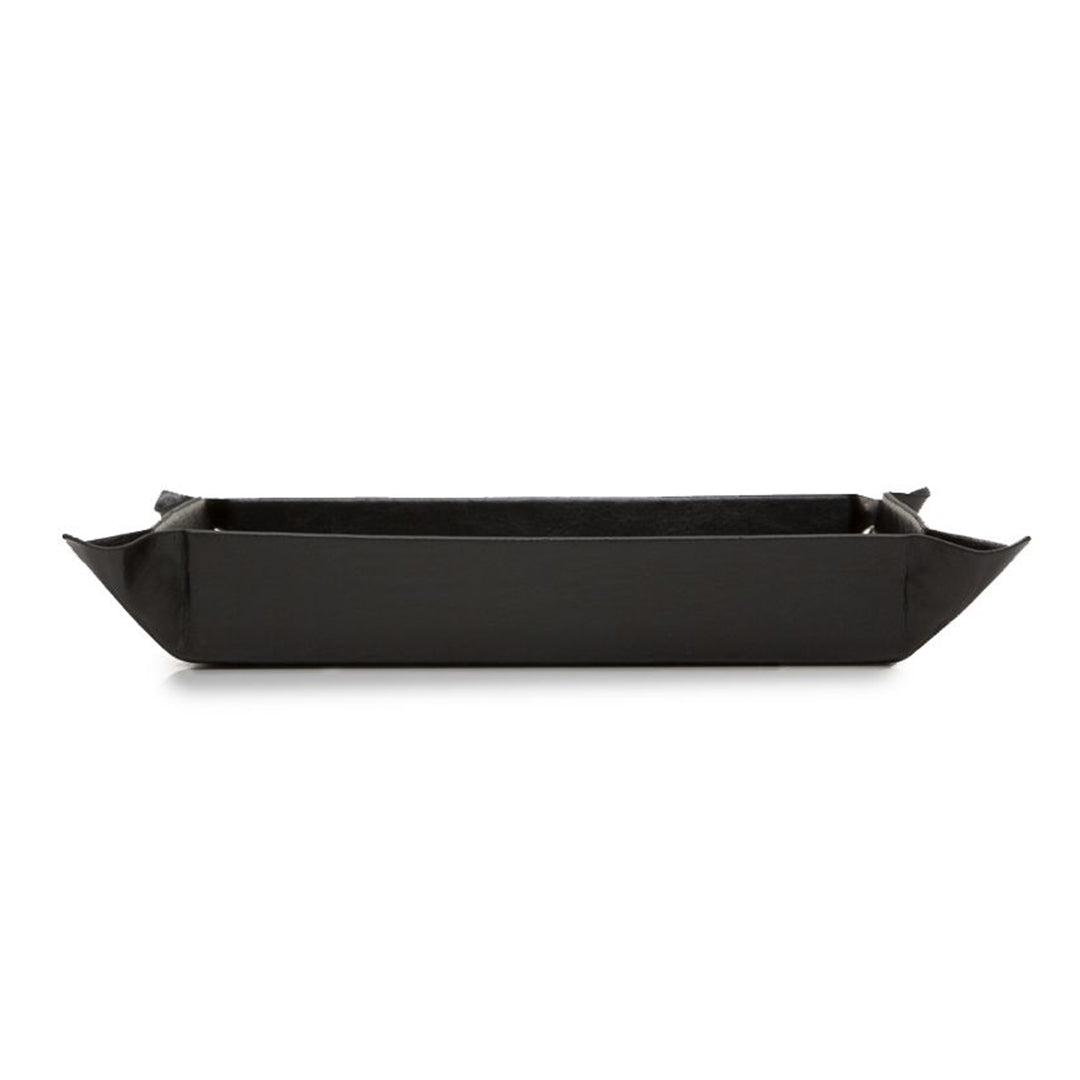The WOLF 1834 Heritage Coin Tray by WOLF is a rectangular black faux leather valet tray with upturned corners and an ultra suede lining, shown on a white background.