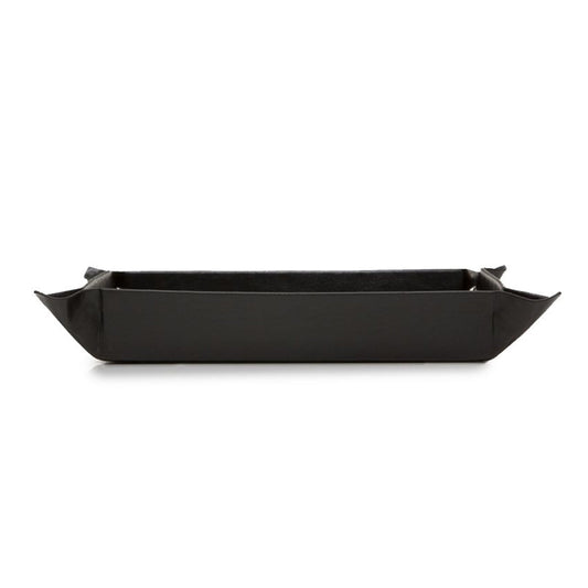 The WOLF 1834 Heritage Coin Tray by WOLF is a rectangular black faux leather valet tray with upturned corners and an ultra suede lining, shown on a white background.