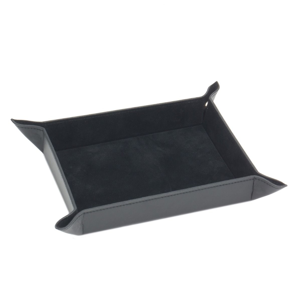 The WOLF 1834 Heritage Coin Tray by WOLF is a rectangular black faux leather valet tray with raised sides, slightly pointed corners, and a soft ultra suede lining, shown against a white background.