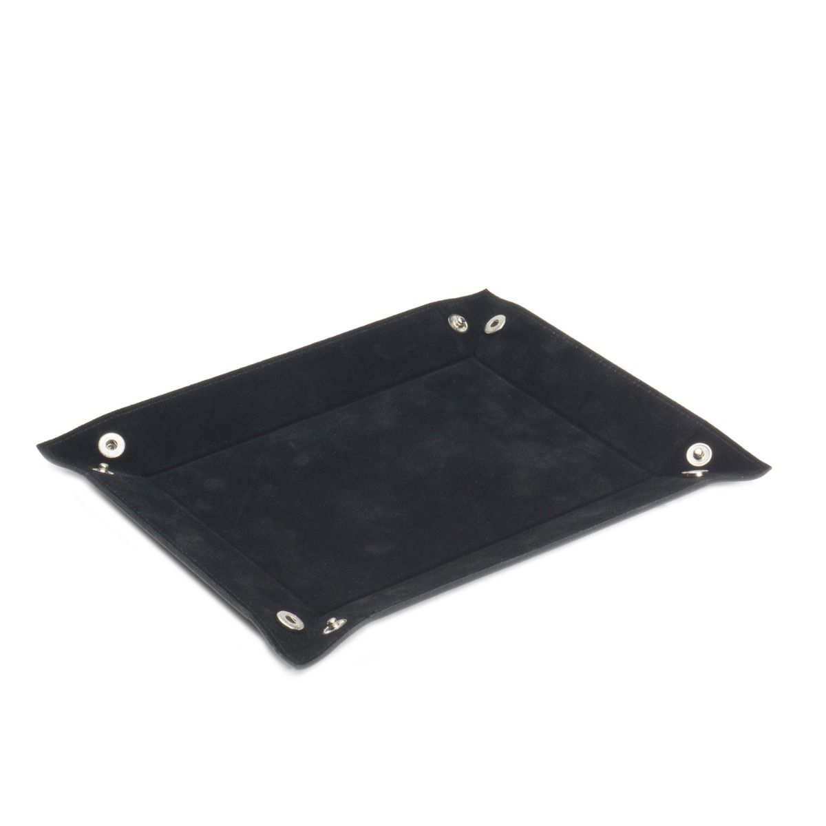 The WOLF 1834 Heritage Coin Tray by WOLF is a black rectangular valet tray with raised edges, metal snap buttons on each corner, and an ultra suede lining, shown on a white background.